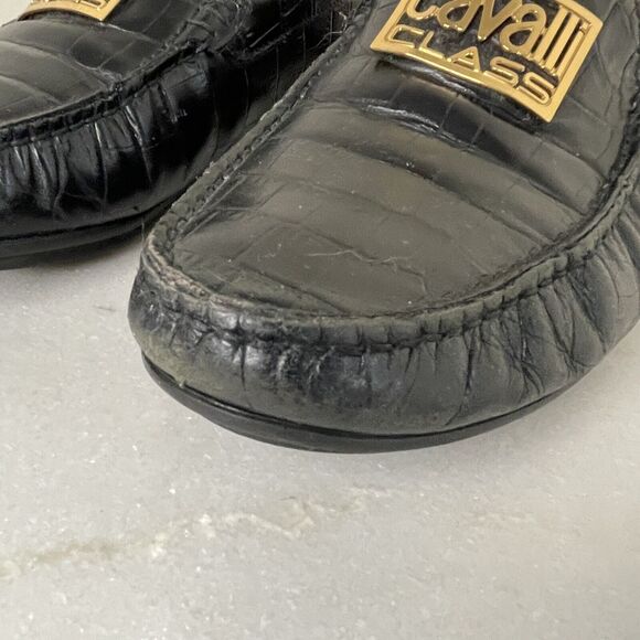 Roberto Cavalli Class Black Croc Embossed Leather Loafers Mocs Men US 7 / EU 40